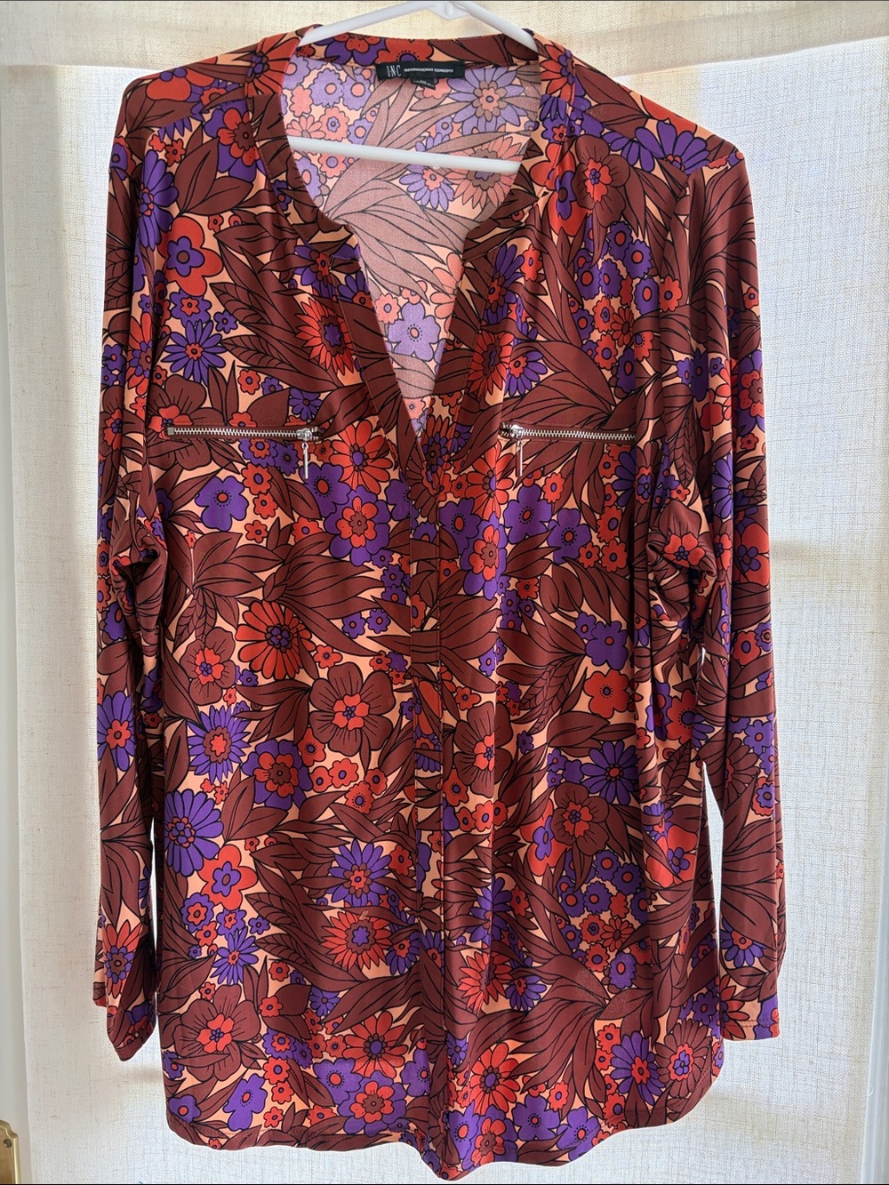 INC International Concepts Red, Purple & Brown Floral V-Neck Blouse